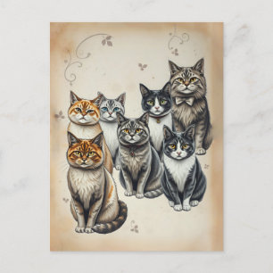 Vintage-Inspired Cat Family Portrait Postcard