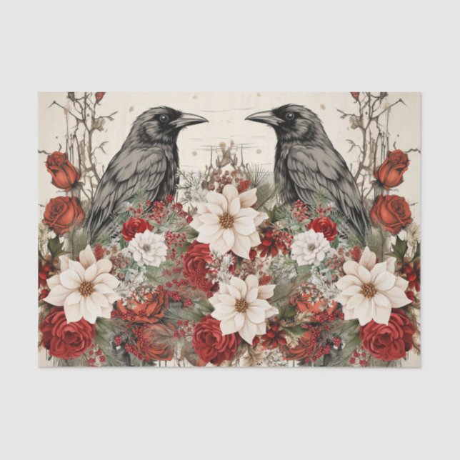 Vintage Inspired Christmas Floral Ravens Tissue Paper (Front)