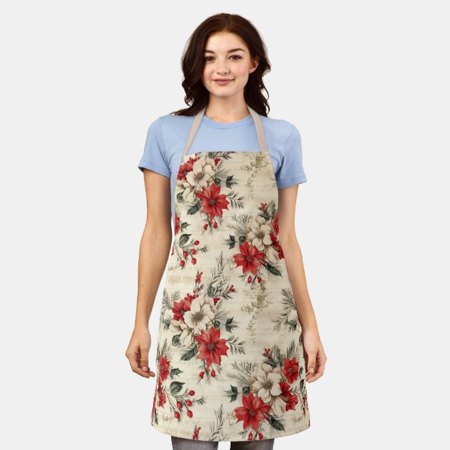 Vintage Inspired Christmas Poinsettias Pattern  Apron (Worn)