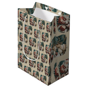Vintage Inspired Christmas Retro Santa Reindeer  Medium Gift Bag