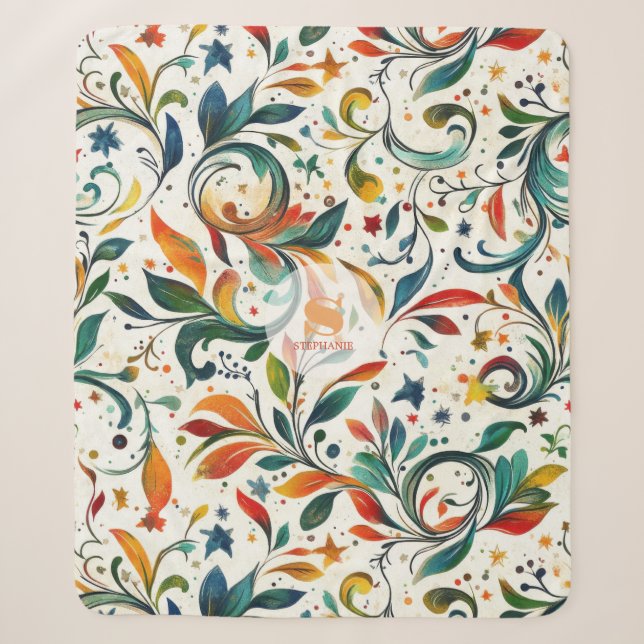 Vintage-Inspired Colourful Paisley Leaf Pattern Sherpa Blanket (Front)