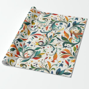 Vintage-Inspired Colourful Paisley Leaf Pattern Wrapping Paper