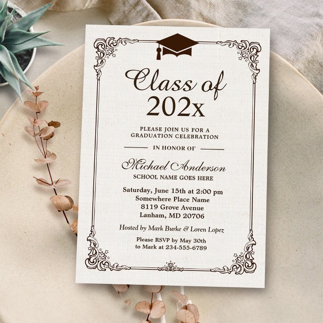Vintage Inspired Elegant Ivory Linen Graduation Invitation (Creator Uploaded)
