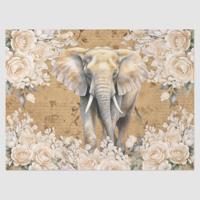 Vintage Inspired Elephant & White Roses Decoupage  Tissue Paper (Front)