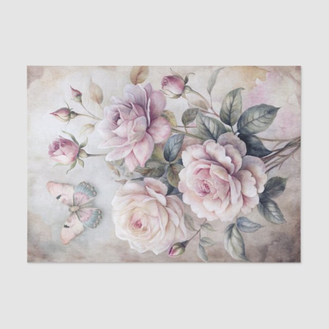 Vintage Inspired Ethereal Pastel Roses & Butterfly Tissue Paper (Front)