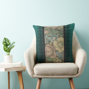 Vintage Inspired Floral Burlap and Dark Teal Cushion