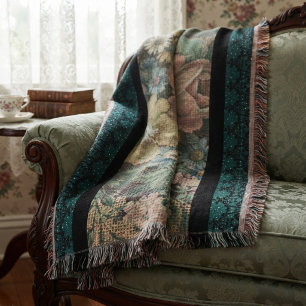 Vintage Inspired Floral Burlap and Dark Teal Throw Blanket