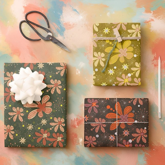 Vintage-Inspired Floral Pattern Wrapping Paper Sheet (This bohemian floral wrapping paper set features an artsy folk design with earthy colors)
