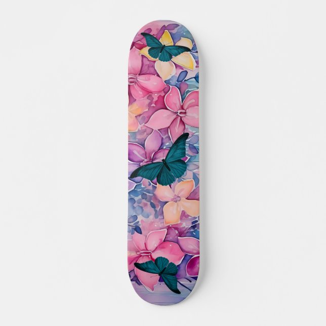 Vintage Inspired Flowers & Butterflies Design Skateboard (Front)