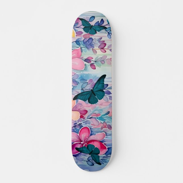 Vintage Inspired Flowers & Butterflies Design Skateboard (Front)