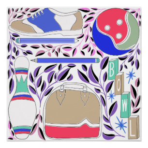 Vintage Inspired Folk Art Bowling Pin and Bag Poster