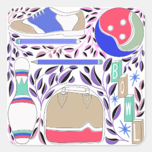 Vintage Inspired Folk Art Bowling Pin and Bag Square Sticker