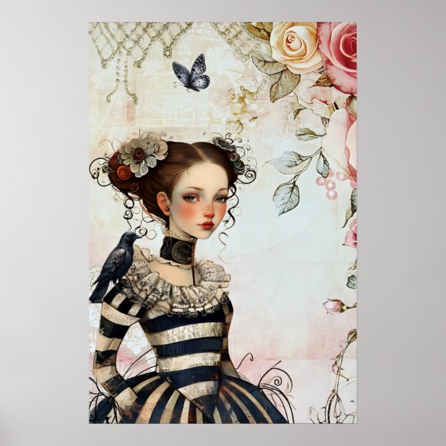 Vintage Inspired Goth Girl Watercolor Roses  Raven Poster (Front)