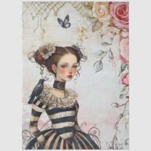 Vintage Inspired Goth Girl Watercolor Roses  Raven Tissue Paper