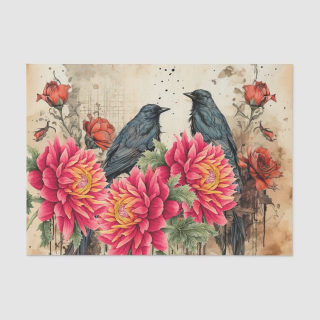 Vintage Inspired Gothic Red Roses & Ravens Tissue Paper (Front)