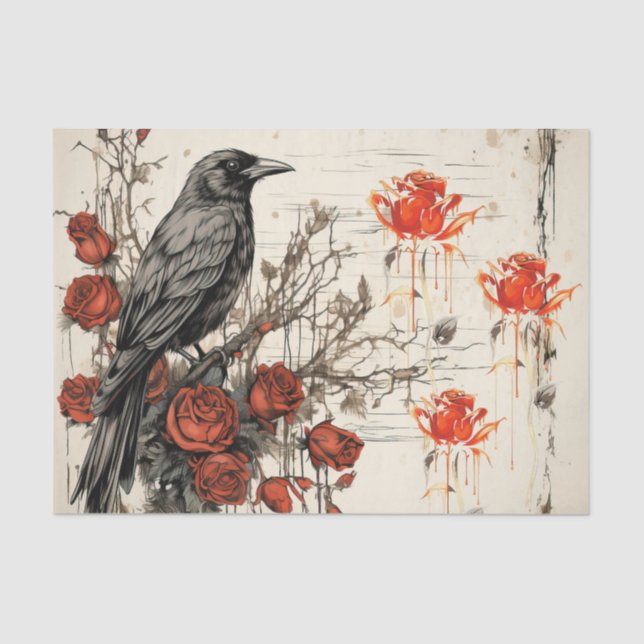 Vintage Inspired Grunge Red Roses Raven Tissue Paper (Front)