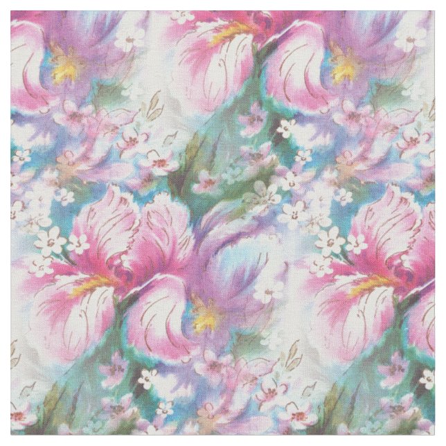 Vintage Inspired Iris Flowers Pink Print Fabric (Close Up)