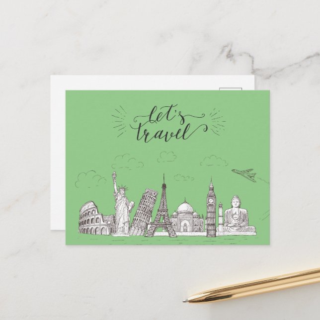 Vintage-Inspired Let's Travel  Postcard (Front/Back In Situ)