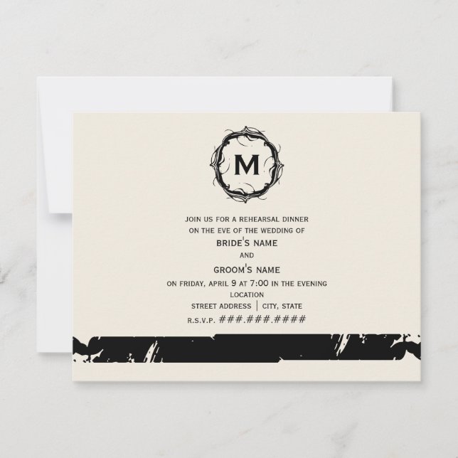 Vintage Inspired Monogram Rehearsal Dinner - Black Invitation (Front)