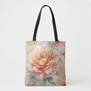 Vintage Inspired Peach Tone Floral Watercolor Tote Bag