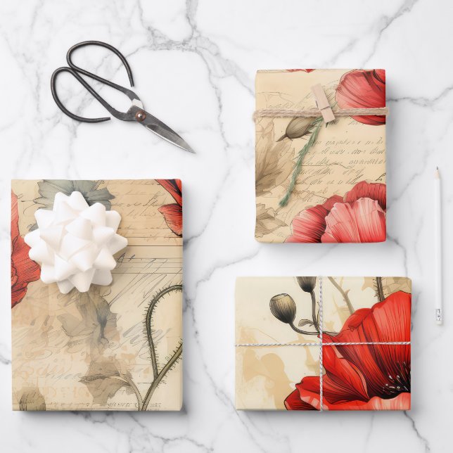 Vintage Inspired Red Poppies Wrapping Paper Sheet (Front)