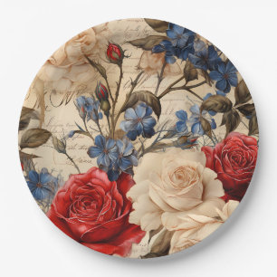 Vintage Inspired Red Rose and Garden Florals Paper Plate