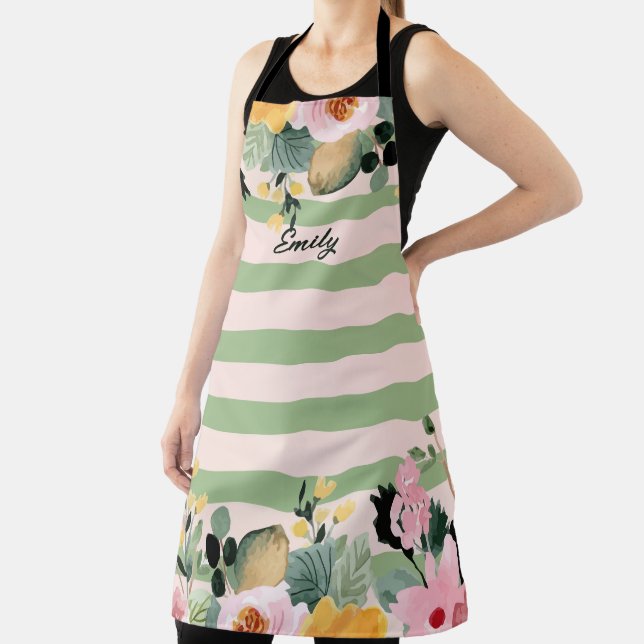 Vintage-Inspired Roses and Green Stripes Apron (Insitu)
