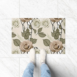 Vintage Inspired Sepia Roses With Green Leaves Doormat