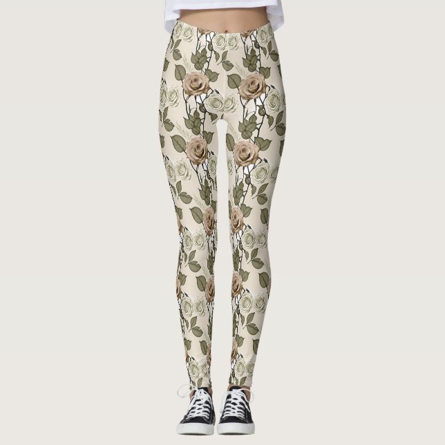 Vintage Inspired Sepia Roses With Green Leaves Leggings (Front)