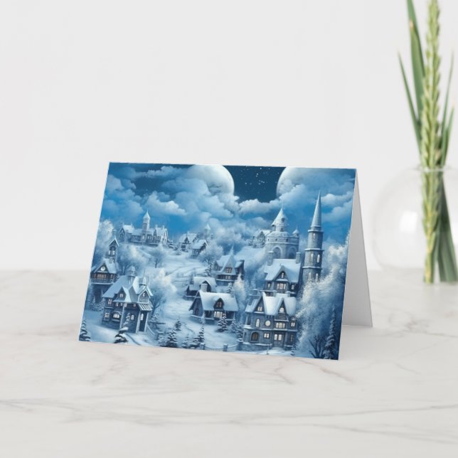 Vintage Inspired Snowy Blue Village Christmas Card (Front)