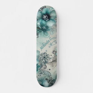 Vintage Inspired Teal Floral Skateboard
