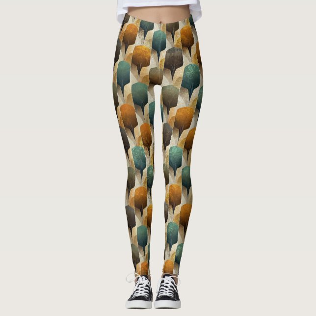 Vintage-Inspired Teal & Gold Art Deco Geometry Leggings (Front)