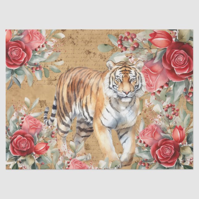 Vintage Inspired Tiger & Red Roses Decoupage  Tissue Paper (Front)