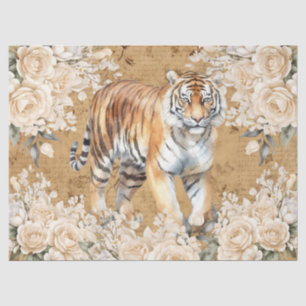 Vintage Inspired Tiger & White Roses Decoupage  Tissue Paper