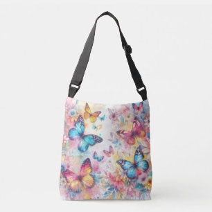 Vintage Inspired Watercolor Floral Butterflies Crossbody Bag