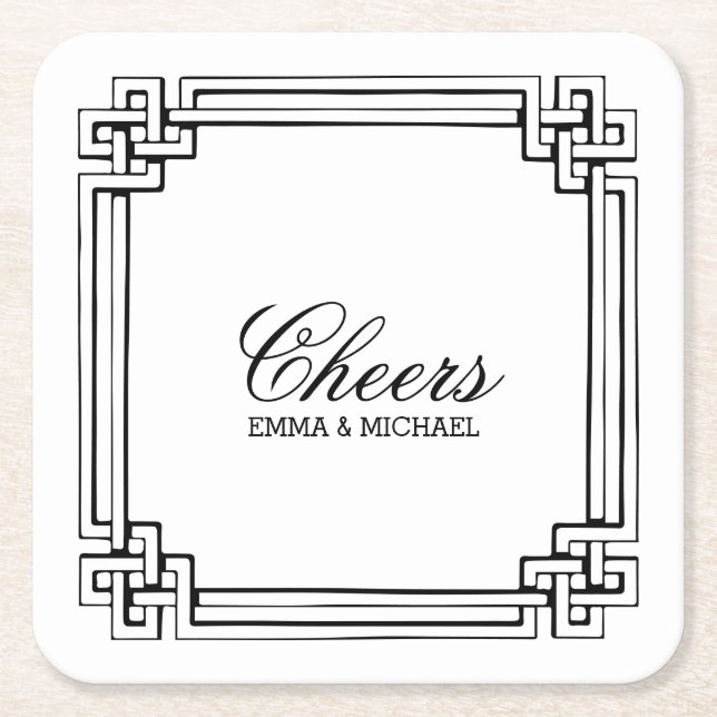 Vintage Interlocking Frame Personalised Wedding Square Paper Coaster (Front)