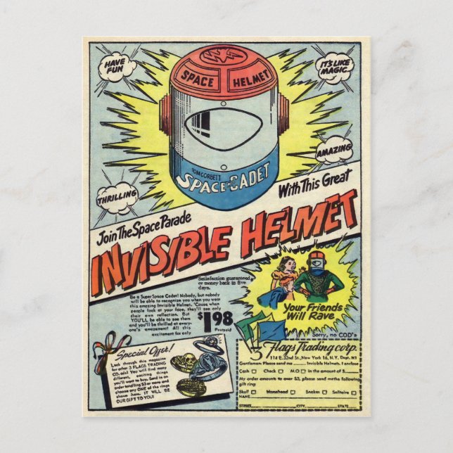 Vintage Invisible Helmet Advertisement Postcard (Front)
