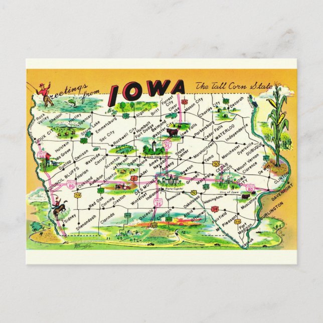 Vintage Iowa Postcard Map (Front)