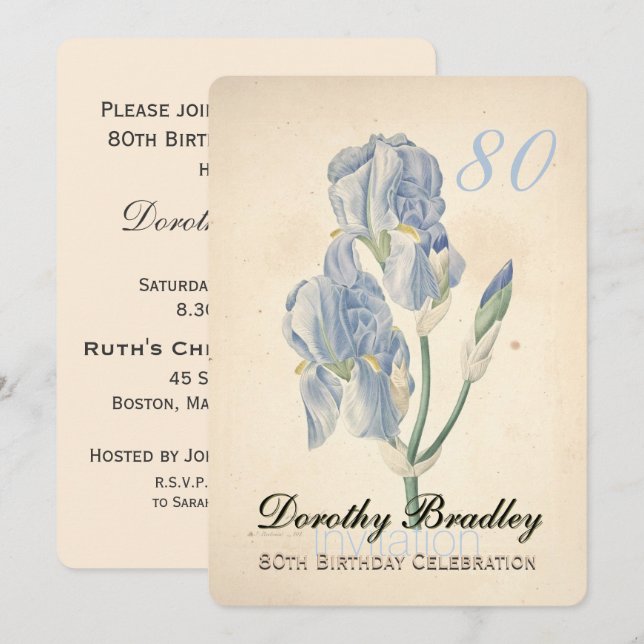 Vintage Iris 80th Birthday Celebration Invitation (Front/Back)