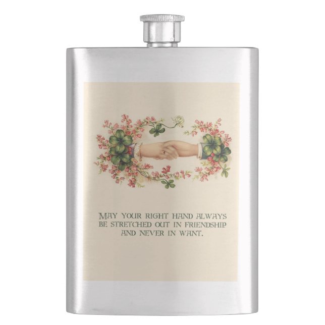 Vintage Irish Blessing, Hands and Shamrocks Hip Flask (Front)