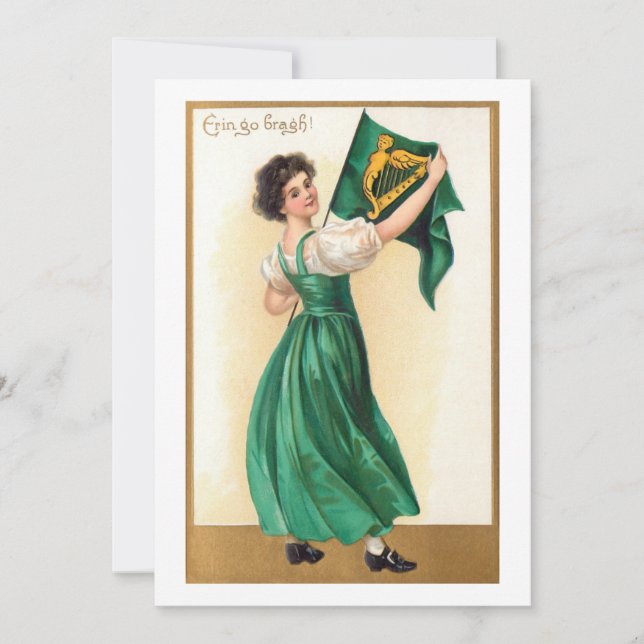 Vintage Irish Girl w/Erin Go Bragh Flag Holiday Card (Front)