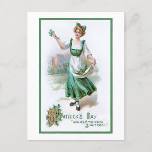 Vintage Irish Girl with Shamrocks Holiday Postcard