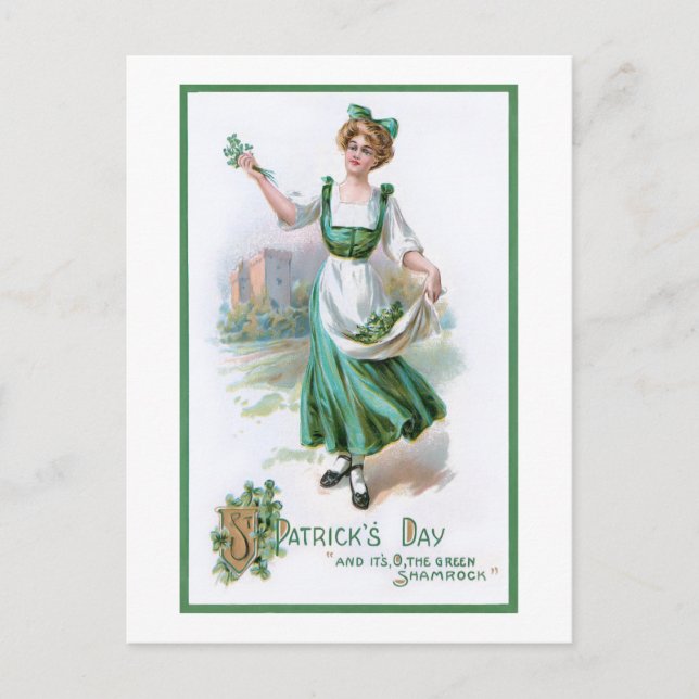 Vintage Irish Girl with Shamrocks Holiday Postcard (Front)