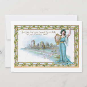 Vintage Irish Lady with Harp & Shamrock Border Holiday Card