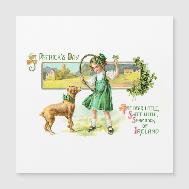 Vintage Irish Lass, Shamrocks and Dog (Front)