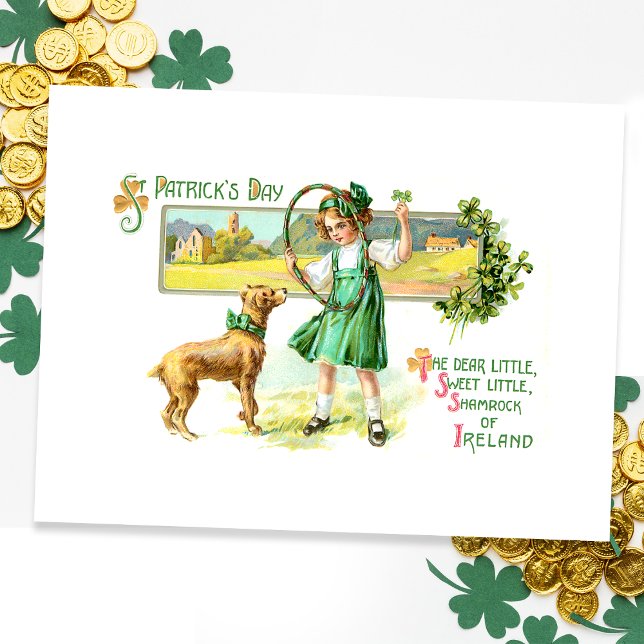 Vintage Irish Lass, Shamrocks and Dog Postcard (Creator Uploaded)
