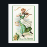 Vintage Irish Lass with Fiddle Postcard<br><div class="desc">Festive vintage St. Patrick's Day greeting featuring pretty Irish lass in green dress playing the fiddle with rural background and Erin Go Bragh message.</div>