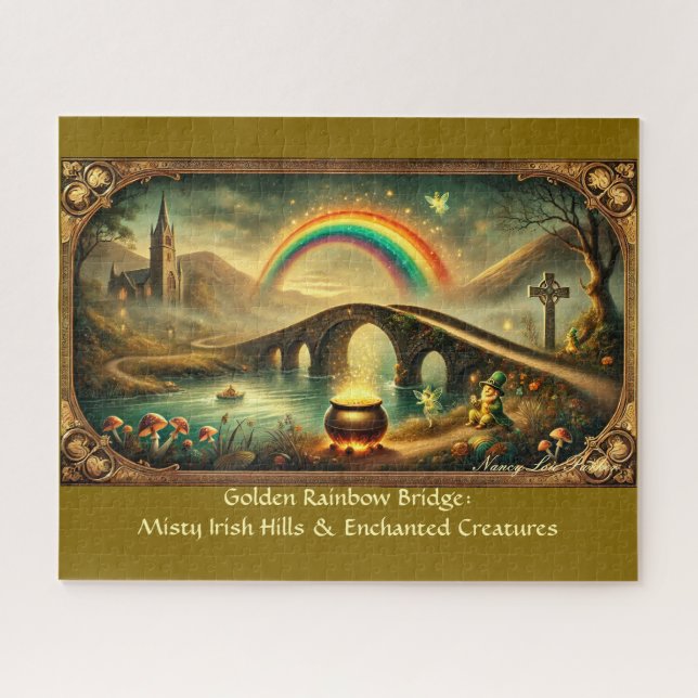 Vintage Irish Scene, Leprechaun Rainbow Bridge Jigsaw Puzzle (Horizontal)