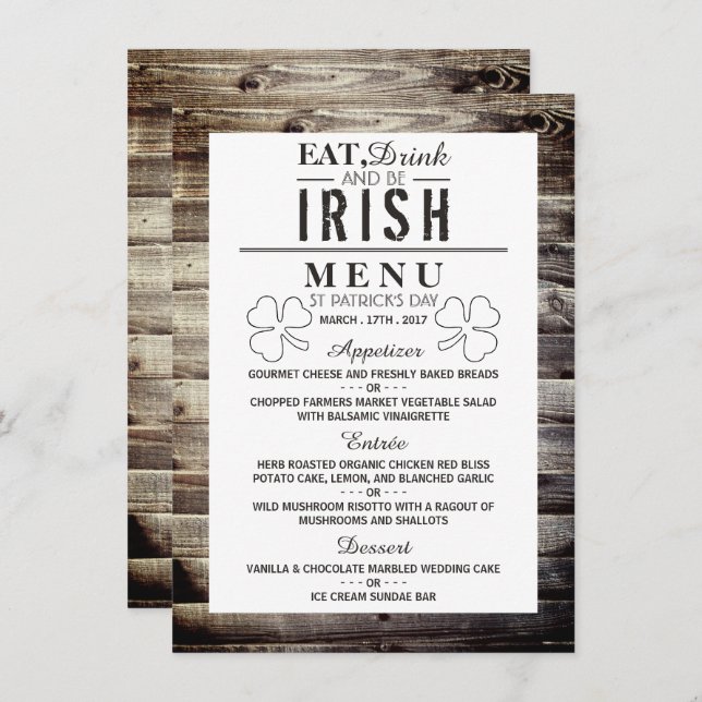 Vintage Irish Wood St Patrick's Day Menu Invitation (Front/Back)