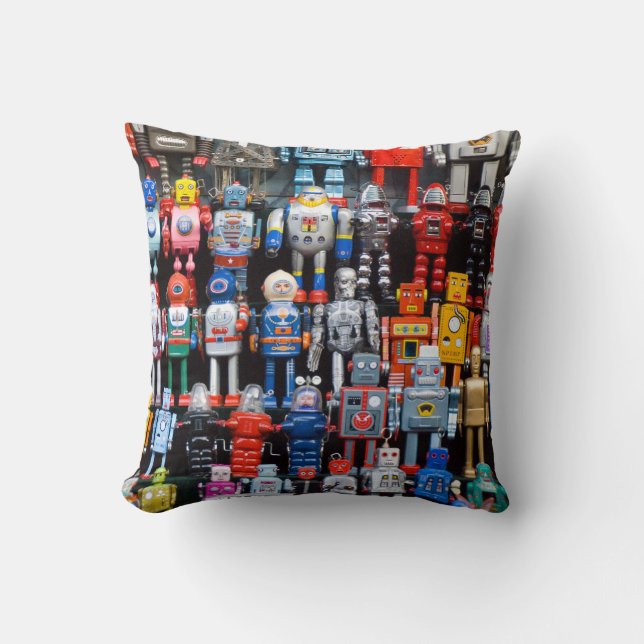 Vintage iron tin toy robot collection Pillow (Front)